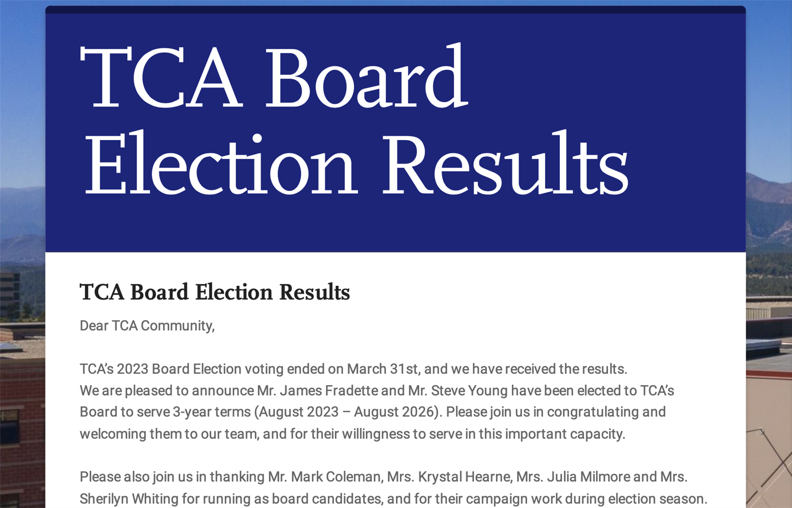  Image of the TCA Board Election Results Email